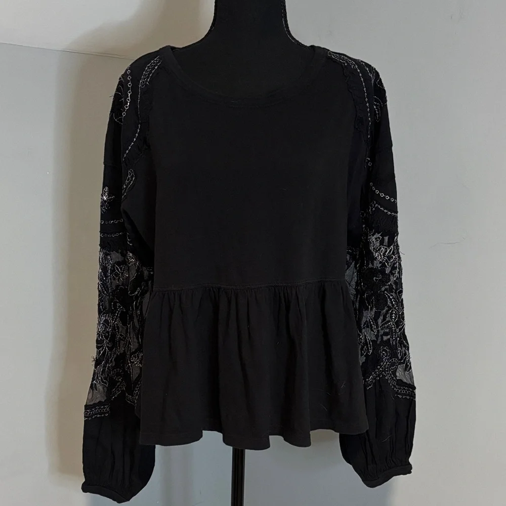 Free People Penny Embroidered Peplum Blouse Lace Whimsigoth Floral Sheer Billowy